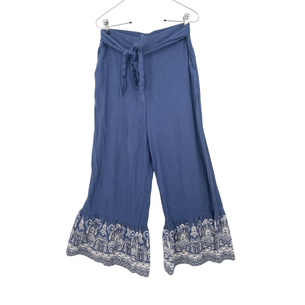 Cato Wide Leg Pants Women Medium Blue Boho Paisley Linen Blend Tie Waist Coastal